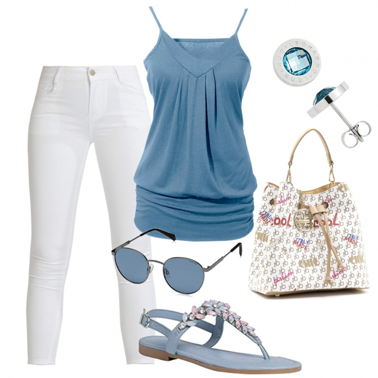 Outfit donna - In città. Stile Casual per Tutti i giorni. Abbinamento con top, jeans slim fit, borse a secchiello, sandali, occhiali da sole, orecchini.