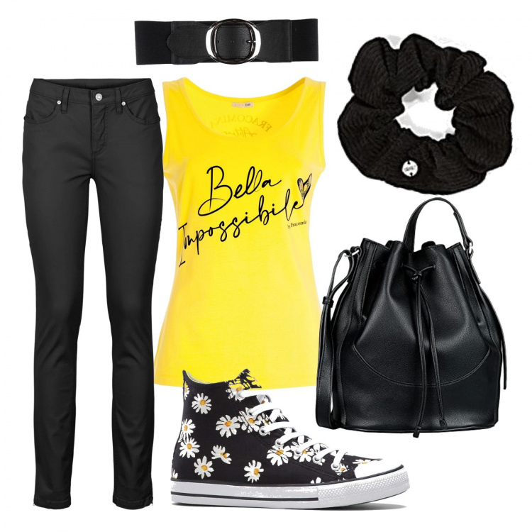 Outfit donna - Il mio stile comodo. Stile Urban per Tutti i giorni. Abbinamento con jeans skinny, sneakers alte, cinture, canottiere, borse a secchiello, fasce per capelli.