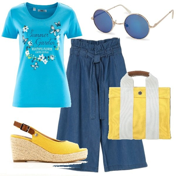 Outfit donna - Giallo e blu. Stile Casual per Tutti i giorni. Abbinamento con t-shirt, borse a mano, décolleté, pantaloni, occhiali da sole.