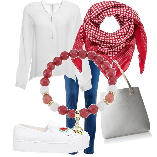 Outfit donna - Trendy #17301. Stile Trendy per Tutti i giorni. Abbinamento con jeans dritti, sciarpina a pois rosso, tunica con zip, slip con plateau in pelle sintetica, shopping bag, bracciale oro.