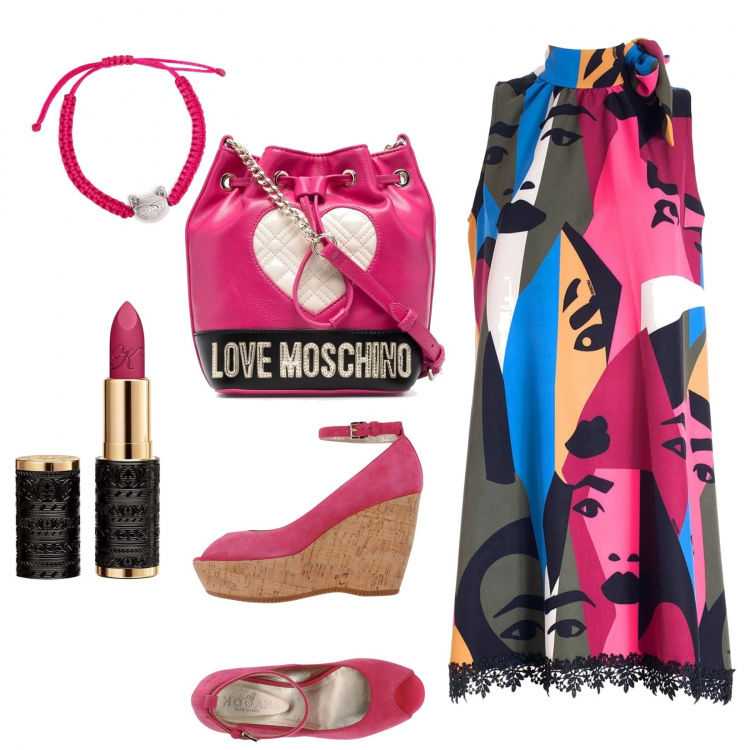 Outfit donna - Punto sul rosa. Stile Glamour per Serata fuori. Abbinamento con décolleté, vestiti senza maniche, borse a tracolla, braccialetti, rossetti.