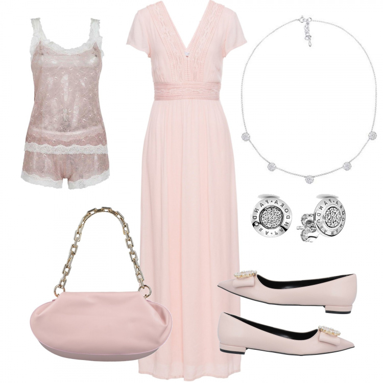 Outfit donna - Bridgerton Style. Stile Romantica per Cerimonia. Abbinamento con vestiti lunghi, ballerine, borse a mano, culotte, orecchini, ciondoli.