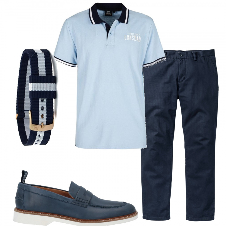Outfit uomo - Celeste nel blu. Stile Urban per Ufficio. Abbinamento con pantaloni chino, scarpe stringate, polo, braccialetti.