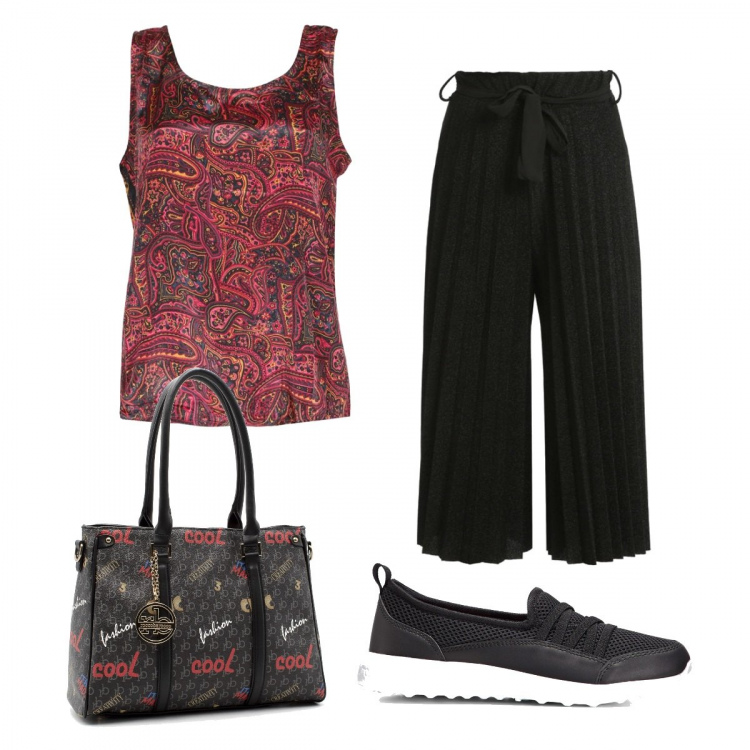 Outfit donna - Total look #1370638. Stile Trendy per Tutti i giorni. Abbinamento con sneakers, pantaloni culotte, top, shopping bag.