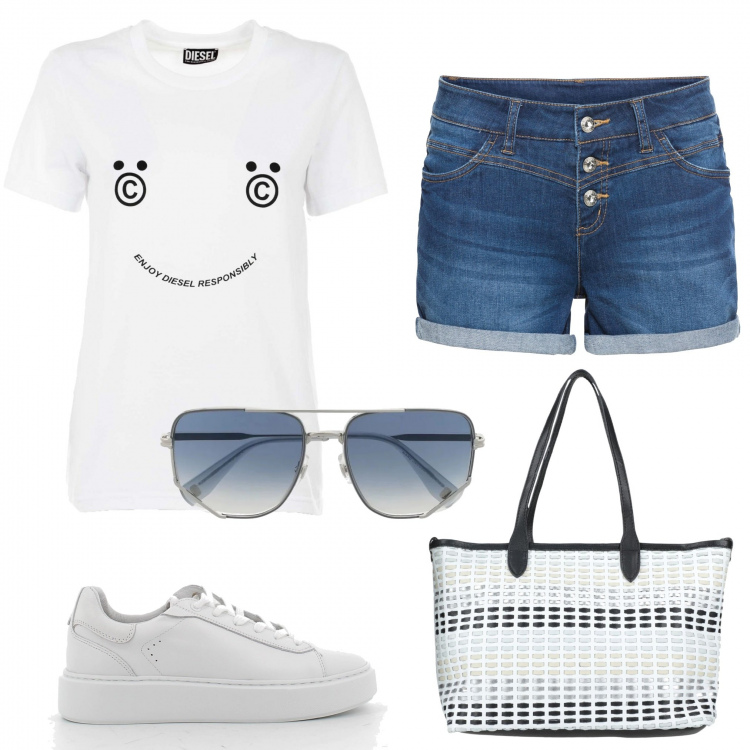 Outfit donna - Buongiorno :). Stile Casual per Tutti i giorni. Abbinamento con shorts, borse a mano, t-shirt, occhiali da sole, sneakers.