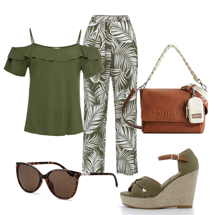 Outfit donna - Total look #1370848. per Serata fuori. Abbinamento con top, pantaloni a palazzo, occhiali da sole, zeppe, borse a tracolla.