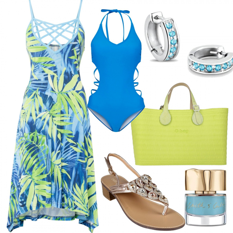Outfit donna - Al mare. Stile Casual per Mare. Abbinamento con borse a mano, vestiti chemisier, costumi interi, sandali gioiello, orecchini, smalti.