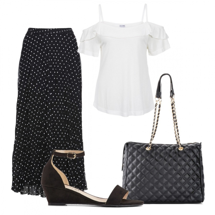 Outfit donna - La gonna lunga a pois. Stile Chic per Serata fuori. Abbinamento con gonne, shopping bag, top, sandali.