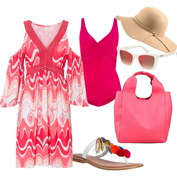 Outfit donna - Al mare. Stile Boho per Mare. Abbinamento con costumi interi, vestiti, borse a mano, sandali, cappelli, occhiali da sole.