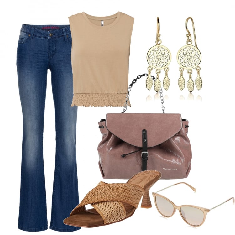 Outfit donna - Oggi al lavoro così. Stile Casual chic per Tutti i giorni. Abbinamento con jeans bootcut, top, borse a mano, sandali in pelle, occhiali da sole, orecchini.