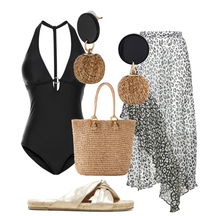 Outfit donna - Spiaggia party. Stile Glamour per Mare. Abbinamento con costumi interi, orecchini, gonne, ciabatte, shopping bag.