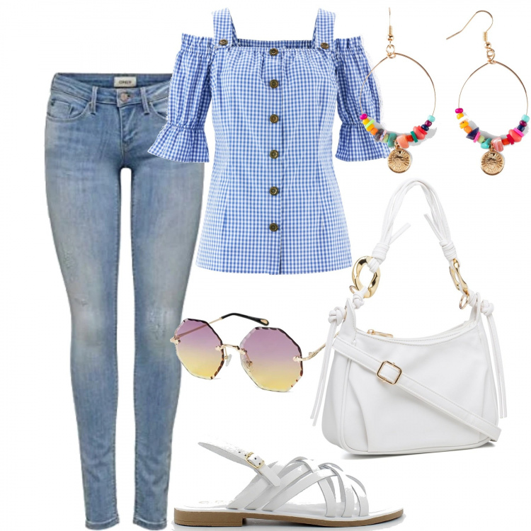 Outfit donna - La camicetta bavarese. Stile Casual per Tutti i giorni. Abbinamento con camicie a manica corta, orecchini, sandali in pelle, borse a mano, jeans skinny, occhiali da sole.