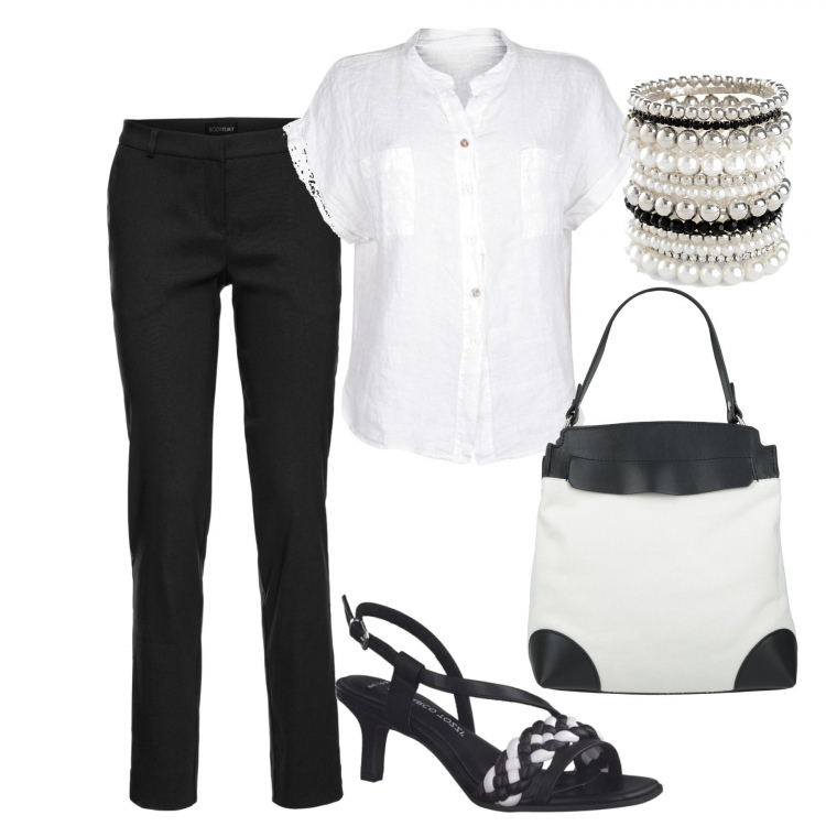 Outfit donna - In ufficio. Stile Casual chic per Ufficio. Abbinamento con pantaloni, braccialetti, borse a mano, camicie a manica corta, sandali col tacco.