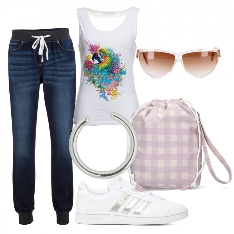 Outfit donna - In semplicità. Stile Minimal per Tutti i giorni. Abbinamento con jeans boyfriend, canottiere, occhiali da sole, sneakers, pochette, orecchini.