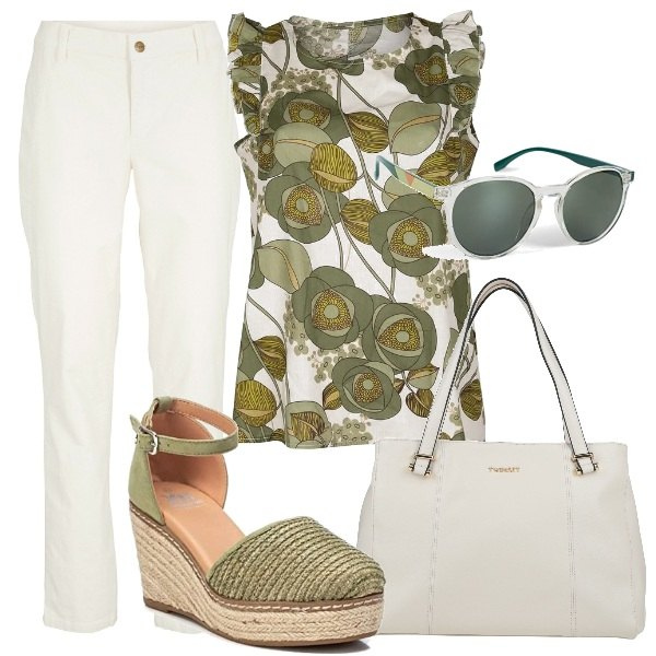 Outfit donna - Zeppe e fiori stilizzati. Stile Casual per Tutti i giorni. Abbinamento con maglieria, borse a mano, top, sandali, occhiali da sole.