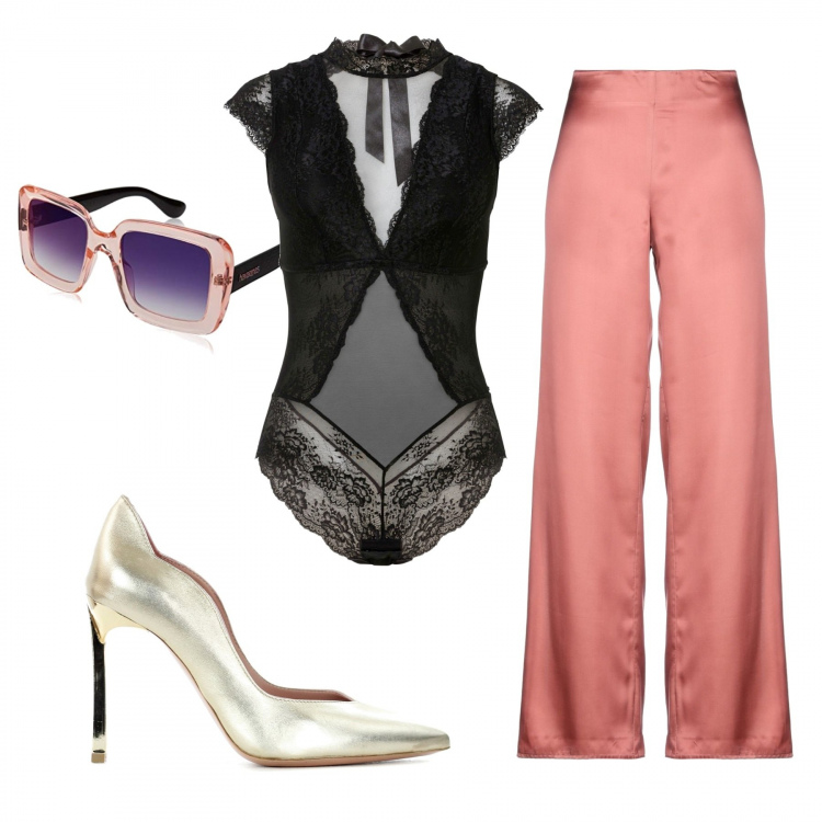 Outfit donna - Serata cool. Stile Chic per Serata fuori. Abbinamento con body, pantaloni, décolleté, occhiali da sole.