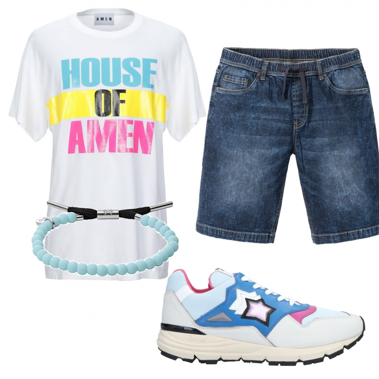 Outfit uomo - House of amen. Stile Casual per Tutti i giorni. Abbinamento con bermuda, sneakers, t-shirt, braccialetti.