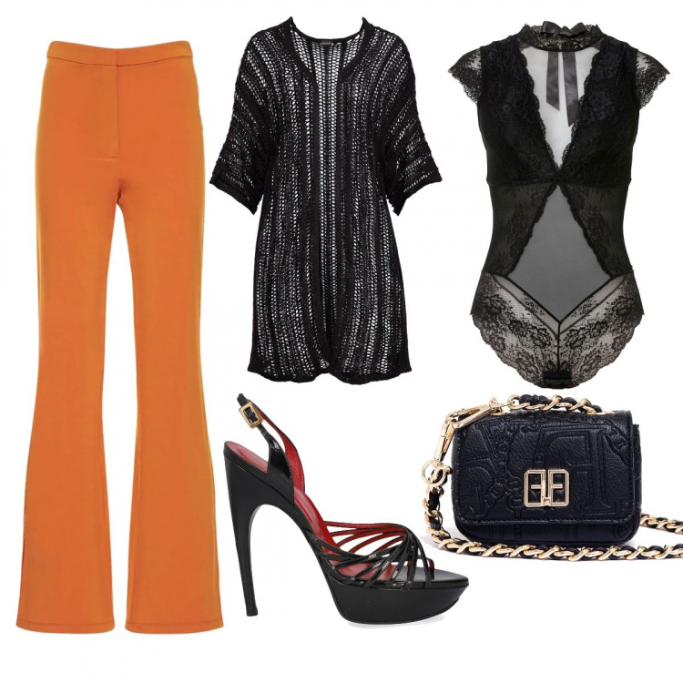 Outfit donna - Total look #1372287. Stile Casual chic per Cerimonia. Abbinamento con body, cardigans, marsupi, sandali in pelle, pantaloni.