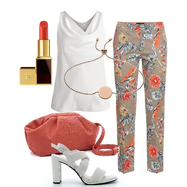 Outfit donna - Rosso e Arancio nel pantalone cropped. Stile Bon Ton per Ufficio. Abbinamento con pantaloni, top, borse a tracolla, rossetti, sandali in pelle, braccialetti.