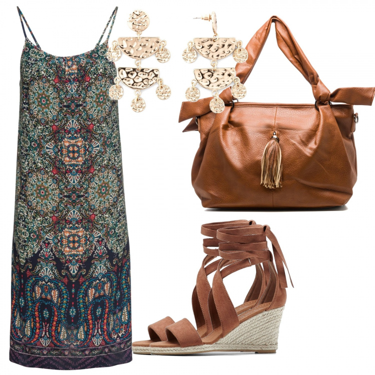 Outfit donna - Al mare. Stile Boho per Serata fuori. Abbinamento con vestiti, sandali, orecchini, borse a spalla.
