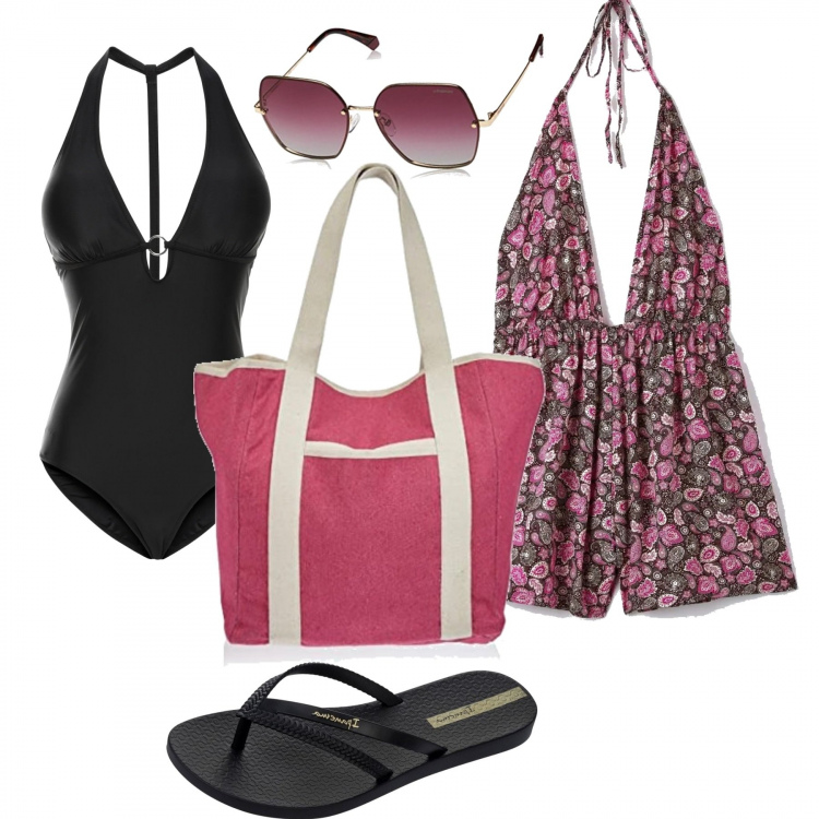 Outfit donna - Vacanza al mare. Stile Casual per Mare. Abbinamento con costumi interi, vestiti, infradito, occhiali da sole, shopping bag.