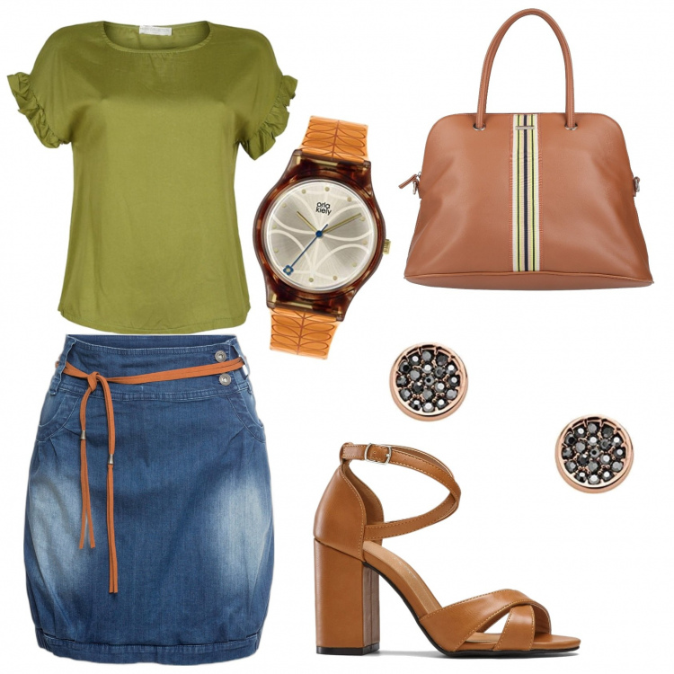 Outfit donna - Estiva e easy. Stile Basic per Tutti i giorni. Abbinamento con minigonne, sandali col tacco, borse a mano, bluse, orecchini, orologi analogici.