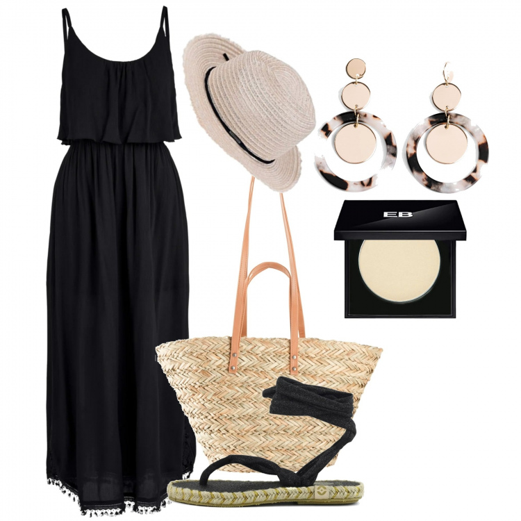 Outfit donna - Nero superchic. Stile Chic per Tutti i giorni. Abbinamento con vestiti midi/longuette, orecchini, shopping bag, infradito, cappelli, ombretti.