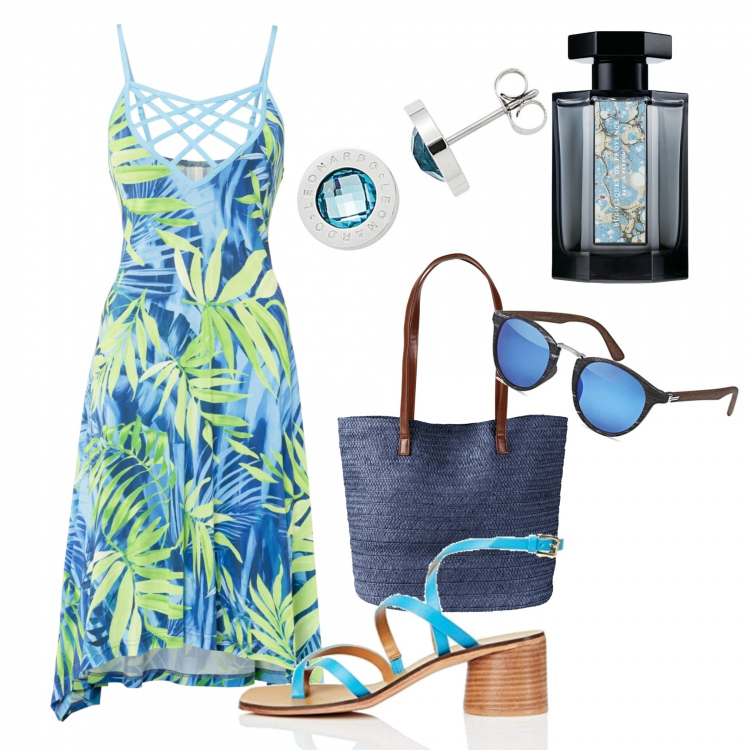Outfit donna - Foglie sparse. Stile Chic per Tutti i giorni. Abbinamento con vestiti chemisier, shopping bag, sandali, occhiali da sole, orecchini, profumi.