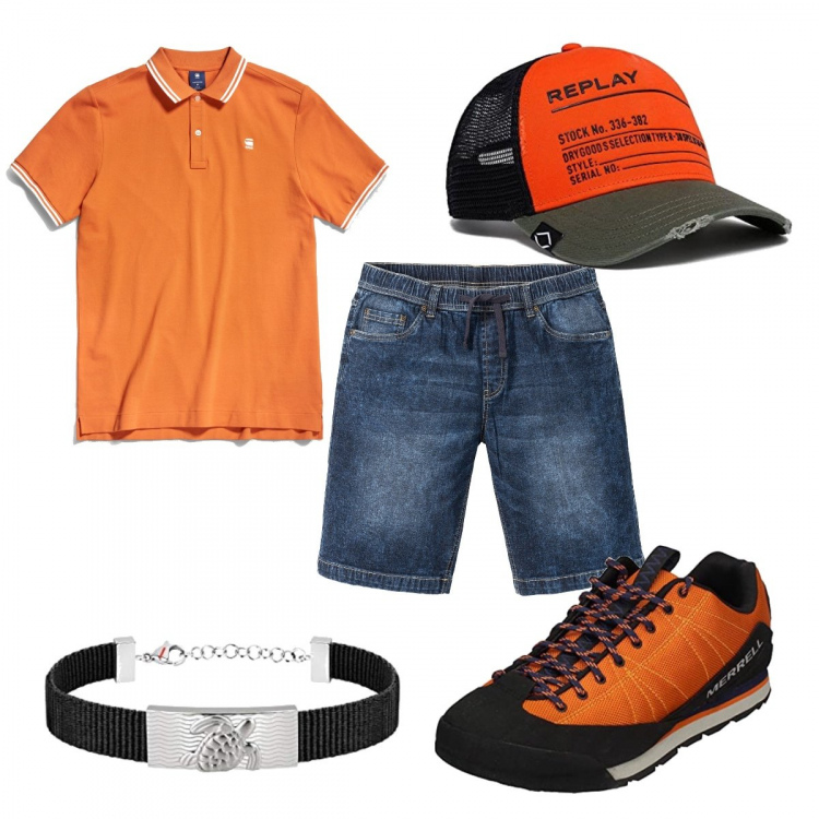 Outfit uomo - I colori dell’estate. Stile Trendy per Tutti i giorni. Abbinamento con bermuda, polo, sneakers, cappelli con visiera, braccialetti.