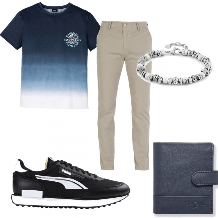 Outfit uomo - Il portafoglio blu. Stile Casual per Tutti i giorni. Abbinamento con t-shirt, sneakers, pantaloni, portafogli, braccialetti.