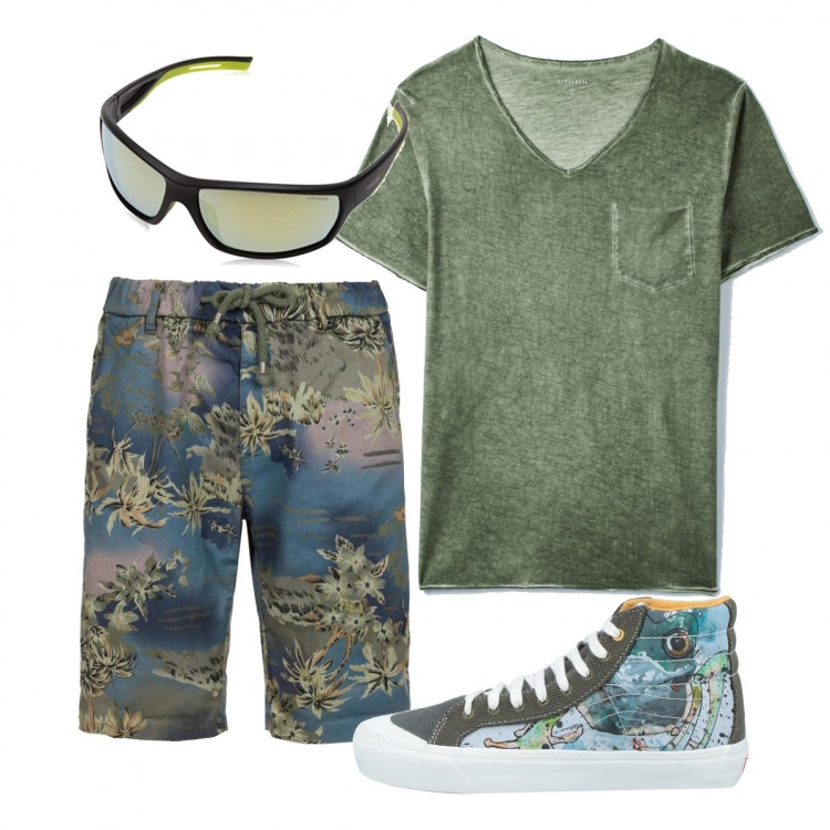 Outfit uomo - Il verde. Stile Casual per Tutti i giorni. Abbinamento con bermuda, sneakers, t-shirt, occhiali da sole.