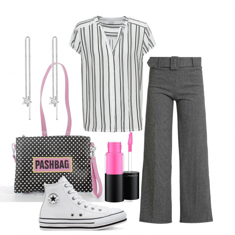 Outfit donna - Look maschile con un tocco femminile. Stile Mannish per Tutti i giorni. Abbinamento con camicie a manica corta, pantaloni, sneakers alte, borse a tracolla, orecchini, gloss.
