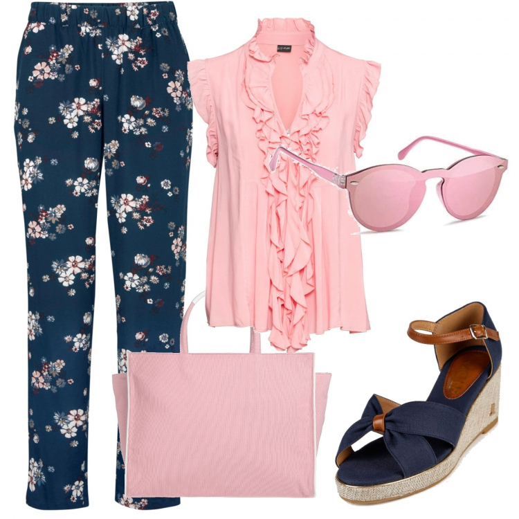 Outfit donna - Ufficio rosa e blu. Stile Casual chic per Ufficio. Abbinamento con pantaloni, maglieria, borse a mano, sandali col tacco, occhiali da sole.
