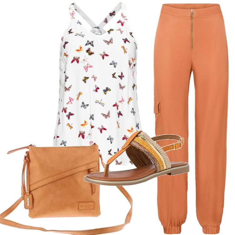Outfit donna - Pomeriggio al parco. Stile Basic per Tutti i giorni. Abbinamento con top, pantaloni, borse a tracolla, sandali.