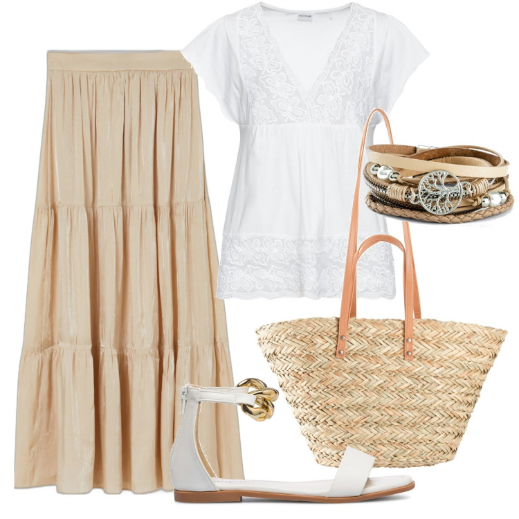Outfit donna - Fresco boho. Stile Boho per Tutti i giorni. Abbinamento con maglieria, braccialetti, shopping bag, gonne lunghe, sandali in pelle.