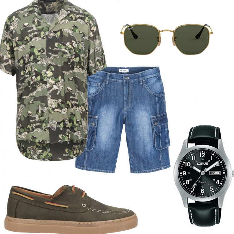 Outfit uomo - Jeans cargo camicia verde scuro fantasia. Stile Trendy per Tutti i giorni. Abbinamento con bermuda, scarpe stringate, camicie a manica corta, occhiali da sole, orologi analogici.