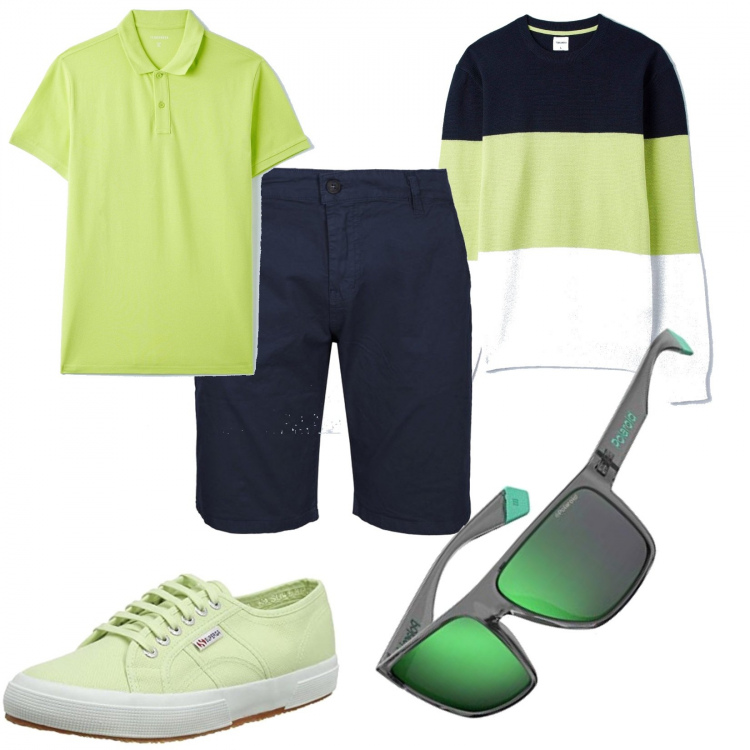 Outfit uomo - Apple green. Stile Trendy per Mare. Abbinamento con bermuda, maglieria, t-shirt, sneakers, occhiali da sole.