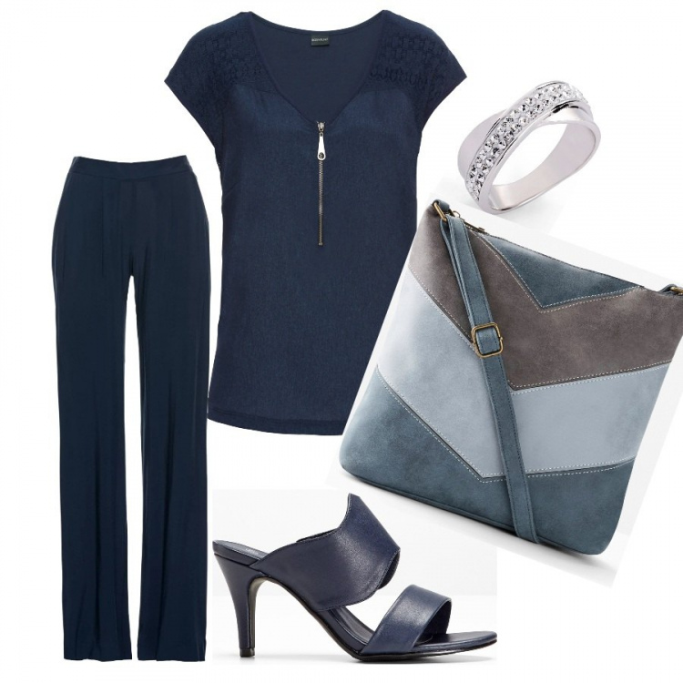 Outfit donna - In ufficio con BonPrix. Stile Bon Ton per Ufficio. Abbinamento con t-shirt, pantaloni, borse a tracolla, pantofole, anelli.