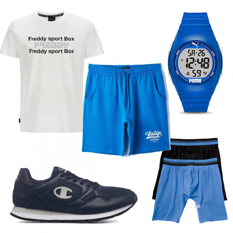 Outfit uomo - L’orologio azzurro. Stile Trendy per Sport. Abbinamento con boxer, shorts, t-shirt, sneakers, orologi digitali.