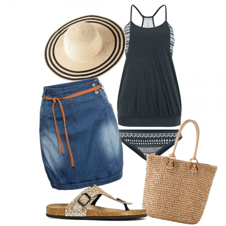 Outfit donna - BonPrix in spiaggia️. Stile Bon Ton per Mare. Abbinamento con minigonne, costumi interi, infradito, shopping bag, cappelli.
