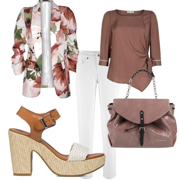 Outfit donna - Total look #1373758. Stile Chic per Ufficio. Abbinamento con jeans mom, borse a mano, bluse, blazer, sandali col tacco.