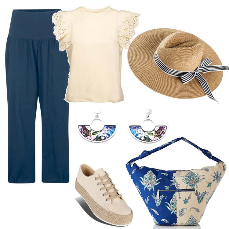 Outfit donna - Pic-nic in riva al fiume. Stile Basic per Tutti i giorni. Abbinamento con pantaloni, cappelli, sneakers, t-shirt, borse a tracolla, orecchini.