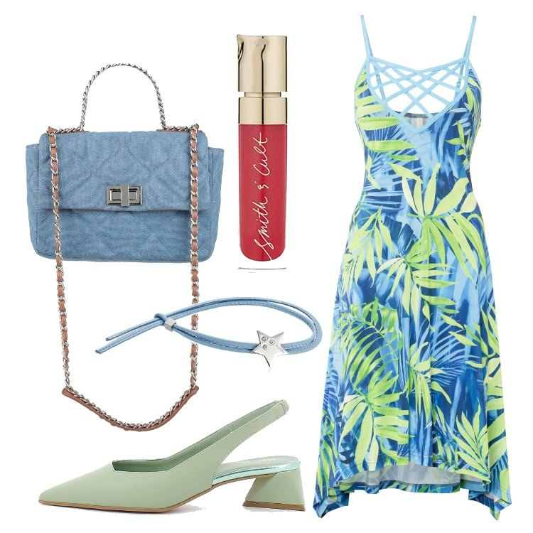 Outfit donna - Un bel sorriso. Stile Trendy per Serata fuori. Abbinamento con borse a mano, vestiti chemisier, sandali in pelle, braccialetti, gloss.