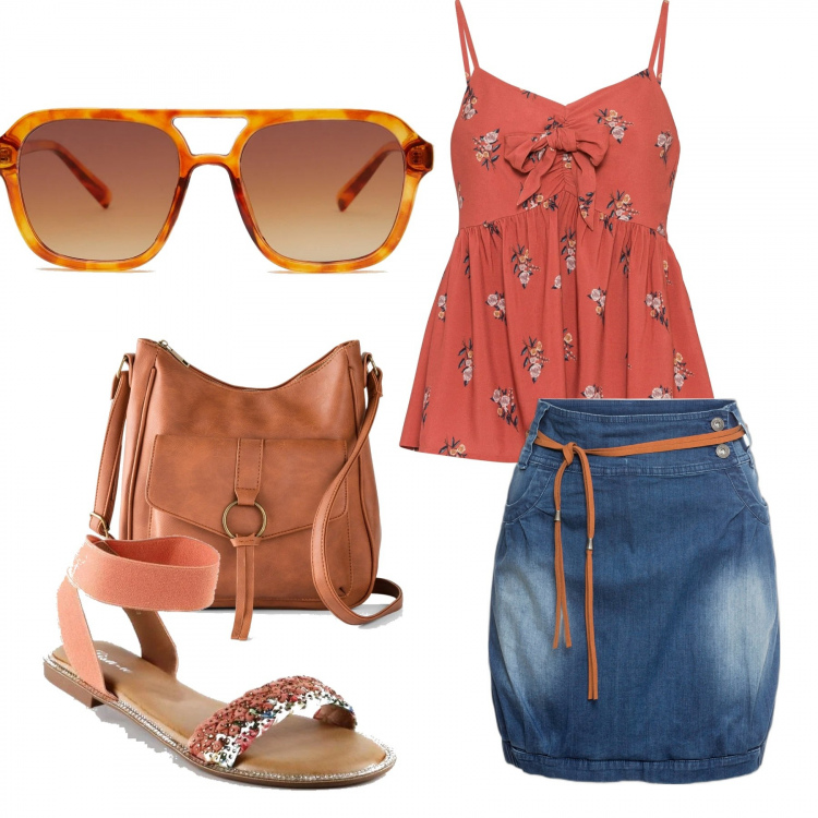 Outfit donna - Total look #1373905. Stile Basic per Tutti i giorni. Abbinamento con minigonne, borse a tracolla, top, sandali in pelle, occhiali da sole.