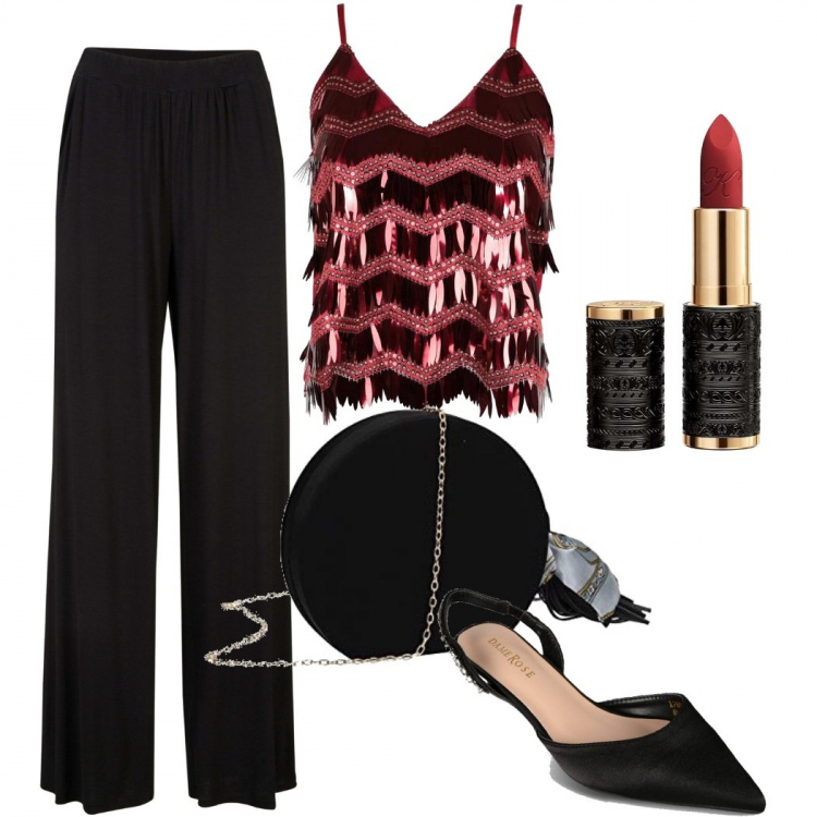Outfit donna - Glamour sopra la 50. Stile Glamour per Serata fuori. Abbinamento con pantaloni, top, décolleté, pochette, rossetti.