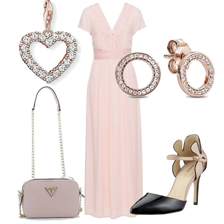 Outfit donna - Eleganza in rosa. Stile Chic per Cerimonia. Abbinamento con vestiti lunghi, borse a tracolla, scarpe col tacco, orecchini, ciondoli.