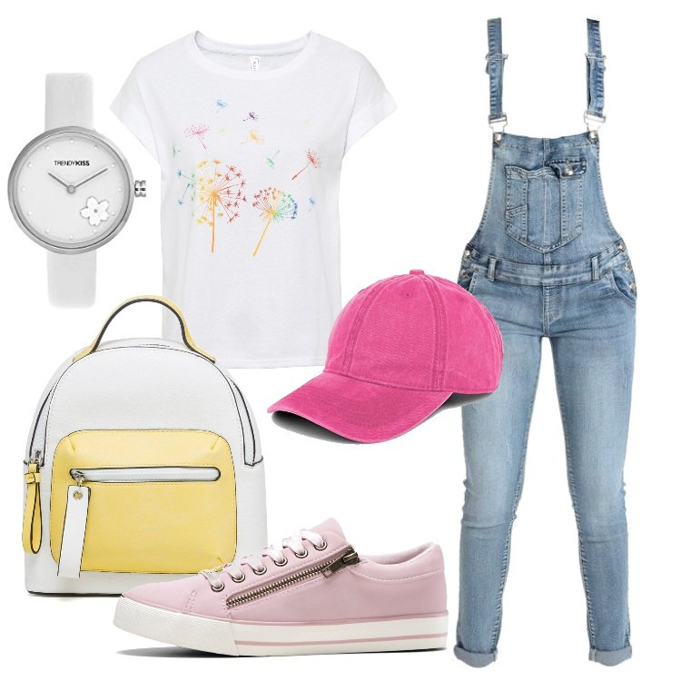 Outfit donna - Pic nic al fiume. Stile Basic per Tutti i giorni. Abbinamento con t-shirt, sneakers, salopette, zaini, cappelli con visiera, orologi.