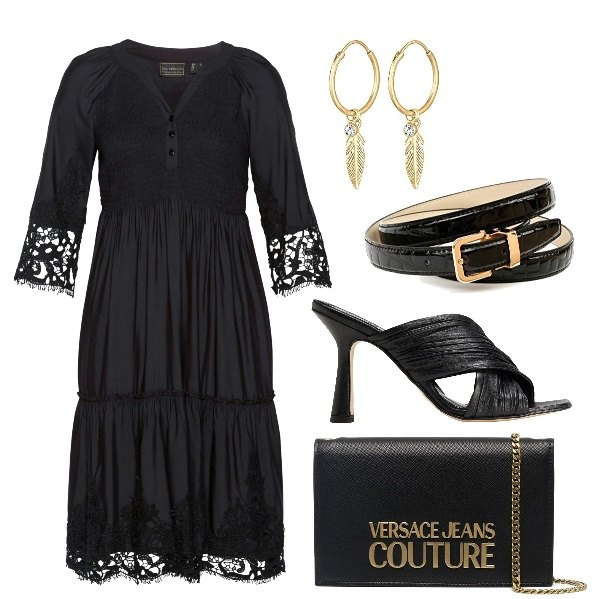 Outfit donna - Abito nero. Stile Casual chic per Serata fuori. Abbinamento con vestiti chemisier, sandali in pelle, pochette, cinture, orecchini.
