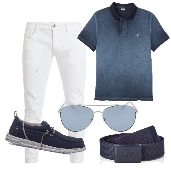 Outfit uomo - Disinvolto in ufficio. Stile Casual per Tutti i giorni. Abbinamento con polo, pantaloni capri, scarpe stringate, occhiali da sole, cinture.