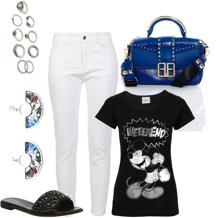 Outfit donna - Total look #1374382. Stile Casual per Tutti i giorni. Abbinamento con t-shirt, jeans strappati, borse a spalla, anelli, sandali col tacco, orecchini.